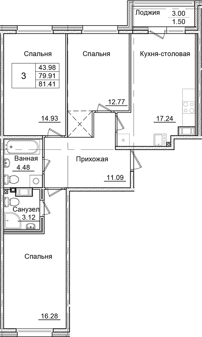 3-комнатная квартира 81.41 м², 9/9 эт., ЖК «Квартал Заречье»
